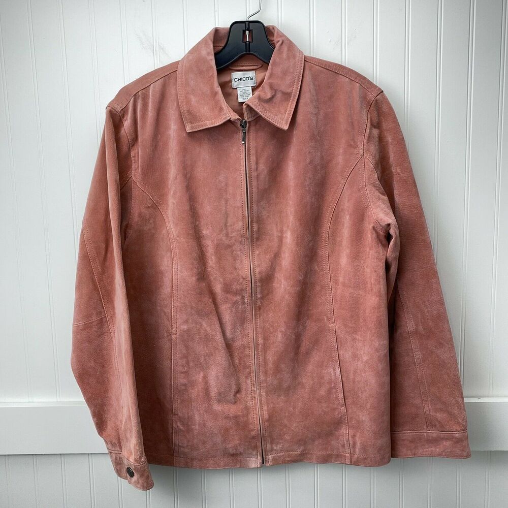 Suede Leather Jacket Chicos Sz 2 (Large) Womens Coral Pink Peach Lined Coat